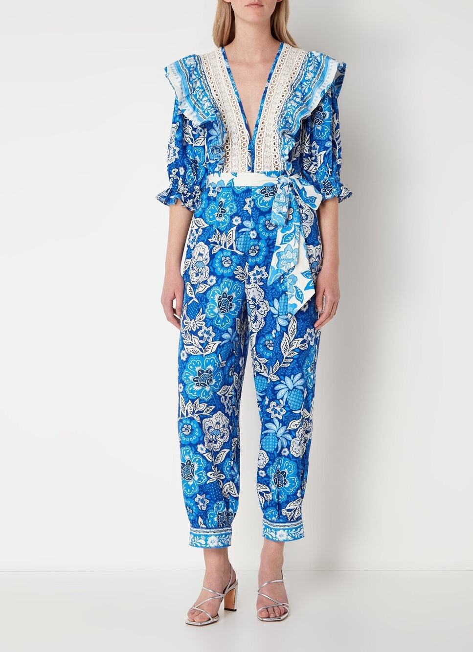 FARM RIO Blue Floral Pattern Full of Flowers Tapered Fit Jumpsuit Size XS